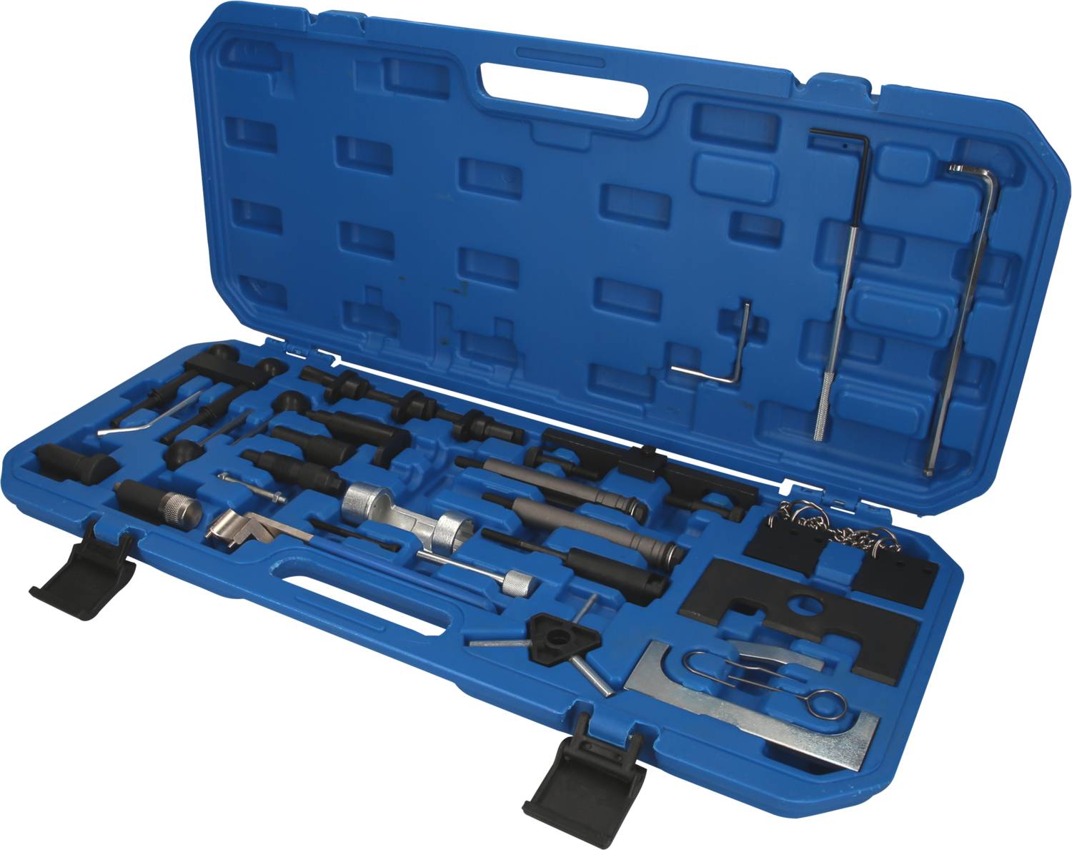 Blue tool case with a variety of tools and attachments, arranged in foam inserts. Suitable for various repair tasks.