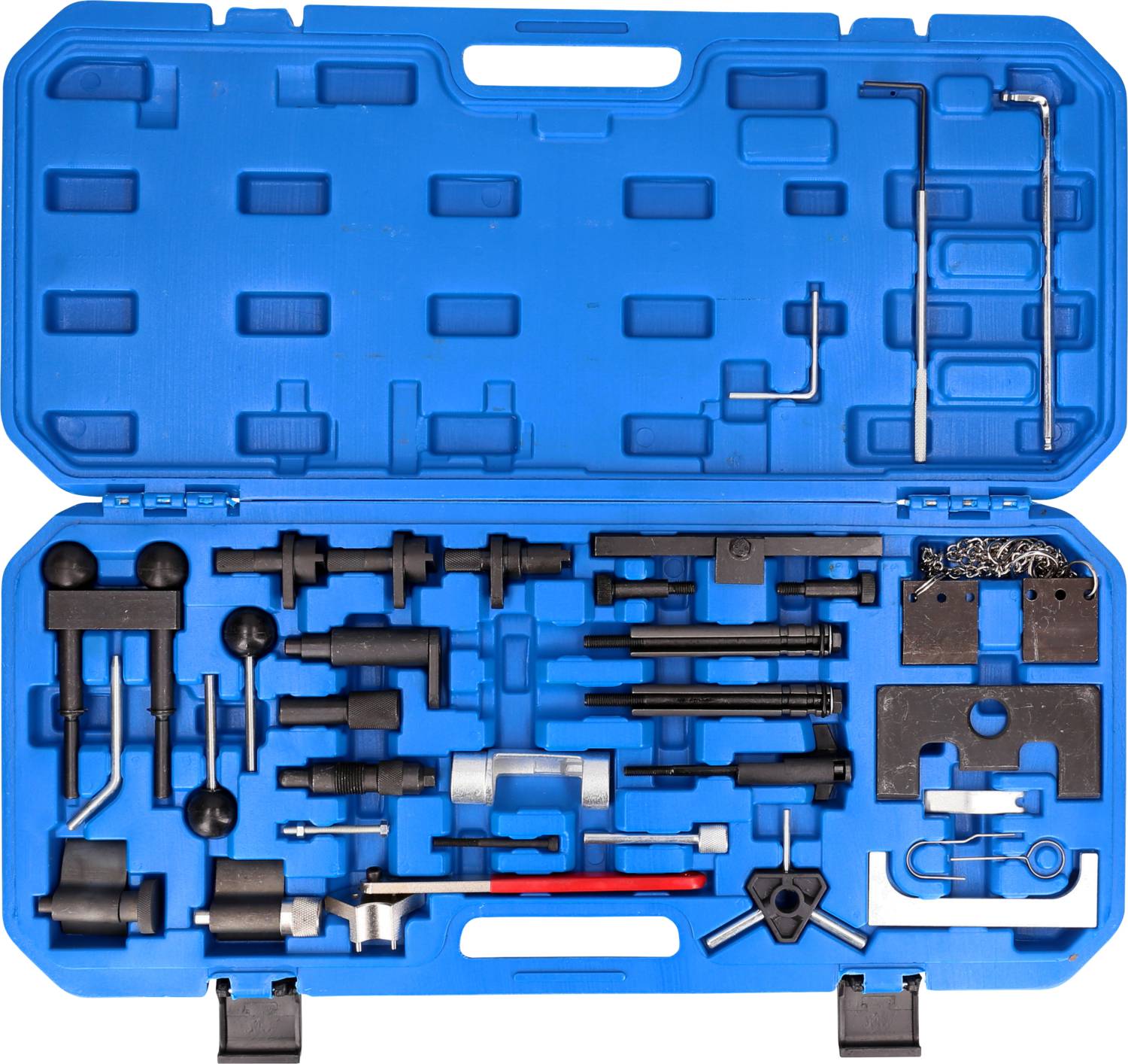 A blue toolbox with various specialist tools, including different adapters, socket wrenches, and Allen keys.