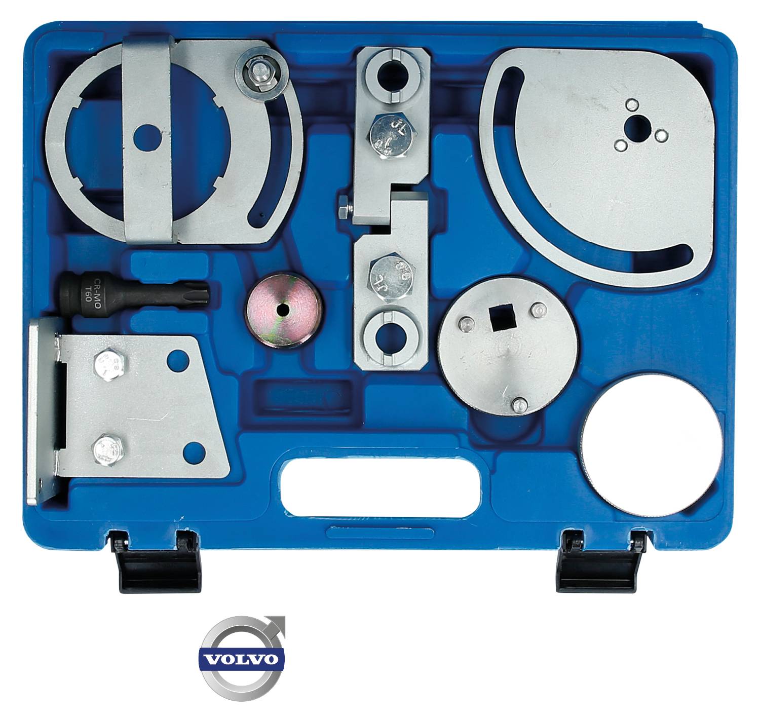 A blue suitcase contains various metal tool components intended for maintenance or repair of Volvo vehicles.