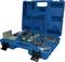 An open blue plastic case contains various metal tools and parts, arranged in recesses for secure storage.