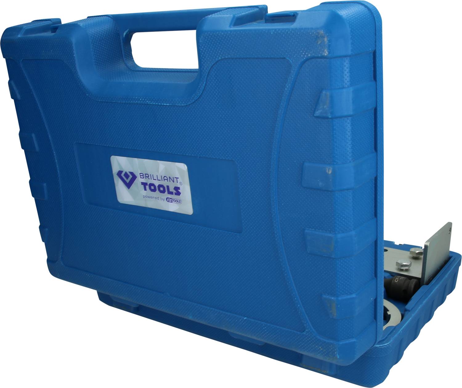 Blue toolbox with the inscription 'Brilliant Tools'. Contains tools, visible through the open side of the case.