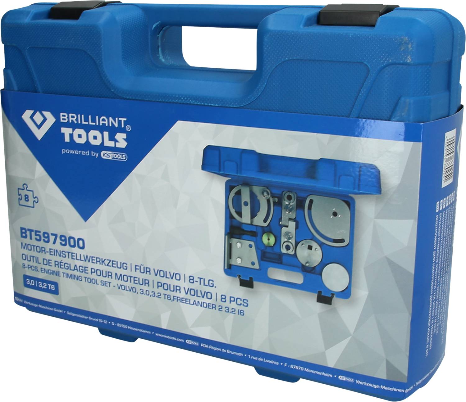 Blue tool case with the inscription 'Brilliant Tools'. Contains an 8-piece engine timing tool set for Volvo.