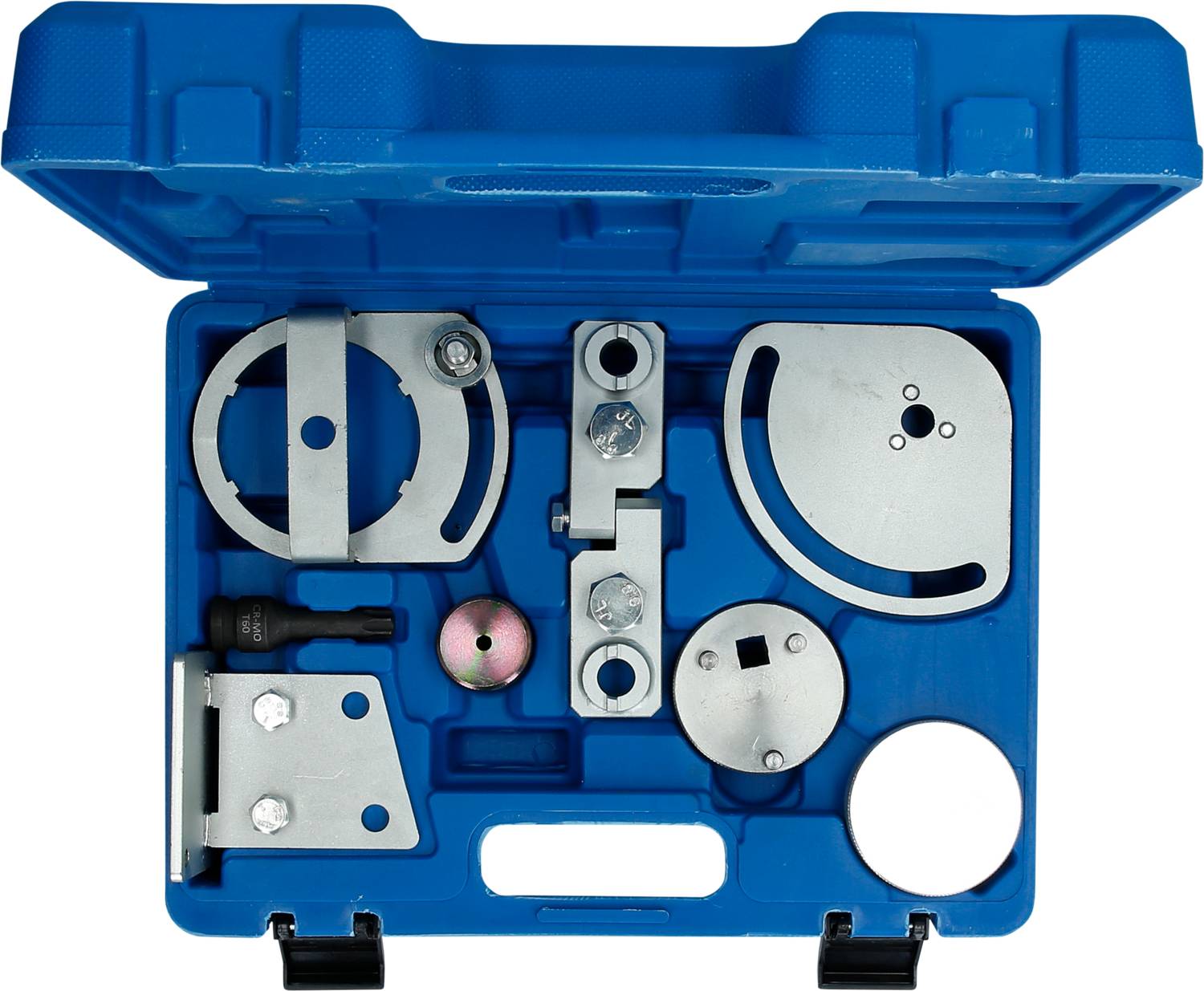 A blue toolbox containing various silver metal parts used for automotive or machinery repairs.