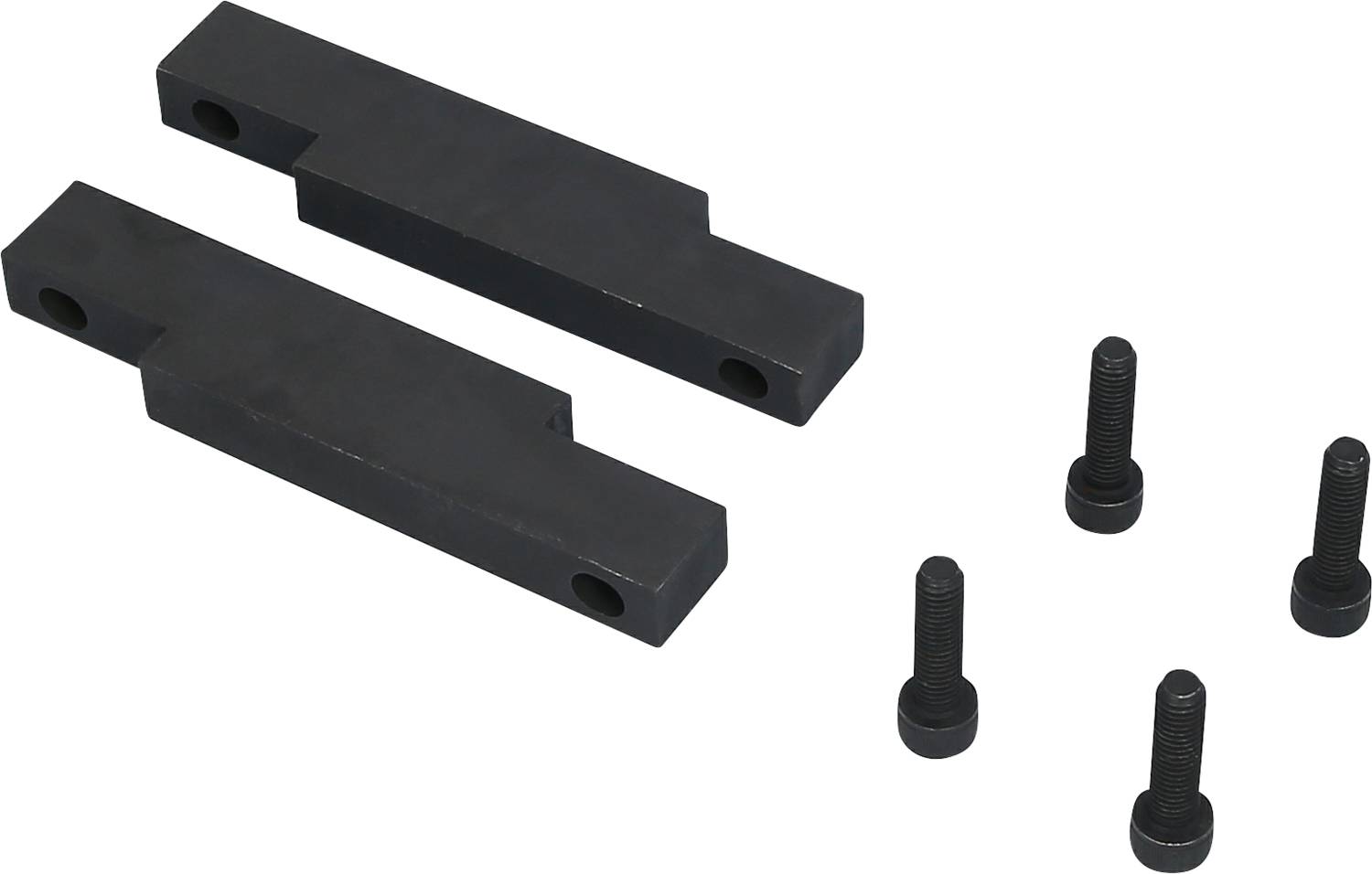 Two rectangular, black metal parts, each with two holes and five corresponding screws. They are likely mounting hardware.