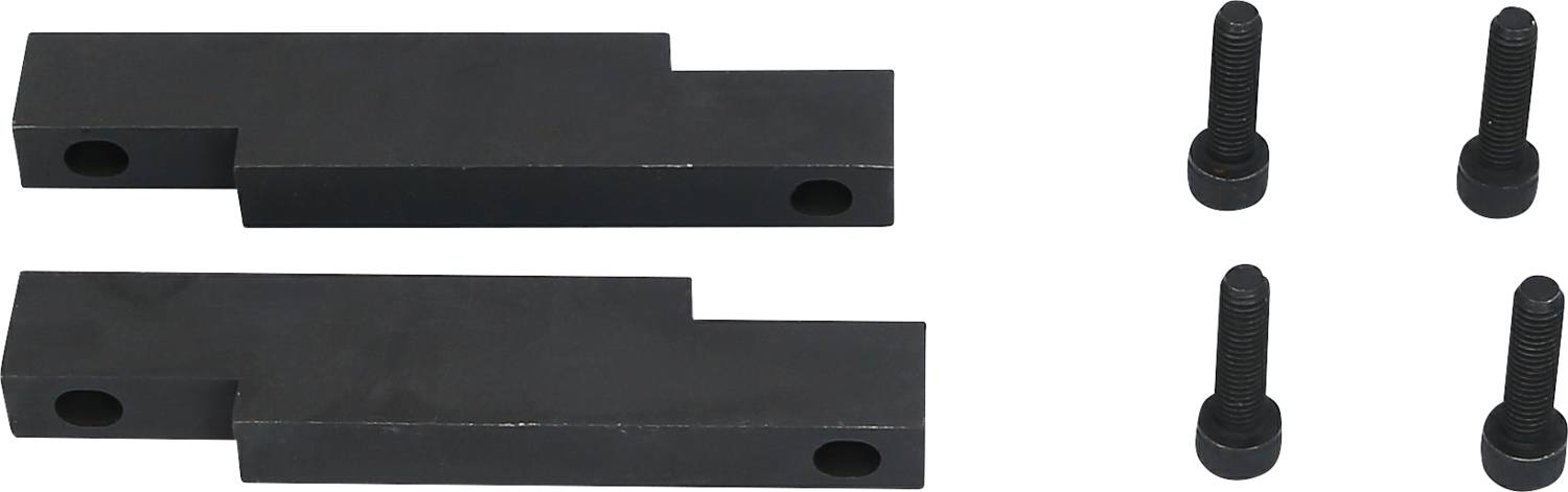 Two black metal parts with a rectangular shape, each with a hole at both ends, along with four black screws.