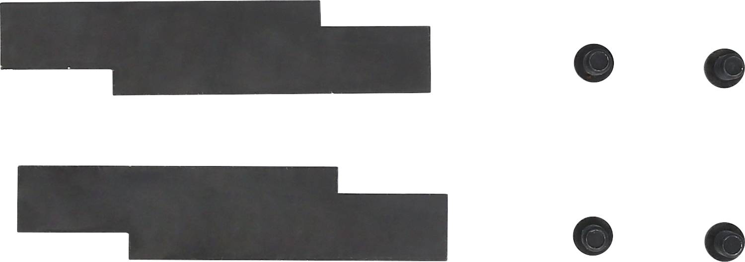 Two rectangular, black metal parts with stepped edges on the left. Four equally sized, black, round screws on the right.