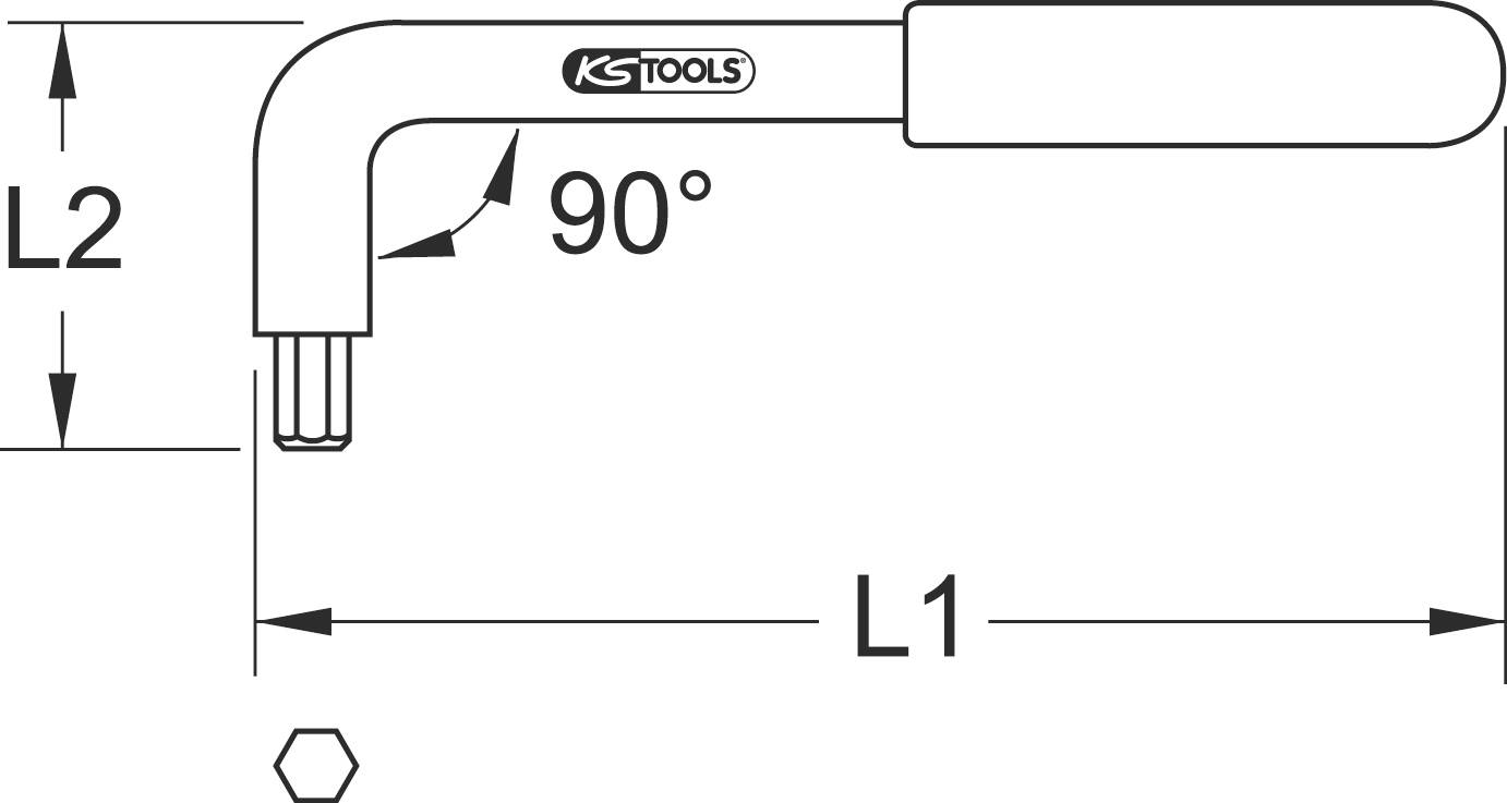 'Allen key with 90° angle. Length L1 and L2 are specified. Manufacturer: KS Tools.'