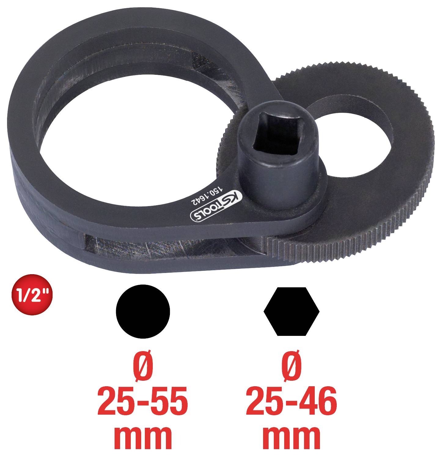 Black pipe cutter with two openings for pipe sizes from 25-55 mm and 25-46 mm. Red circle indicates '1/2"'.