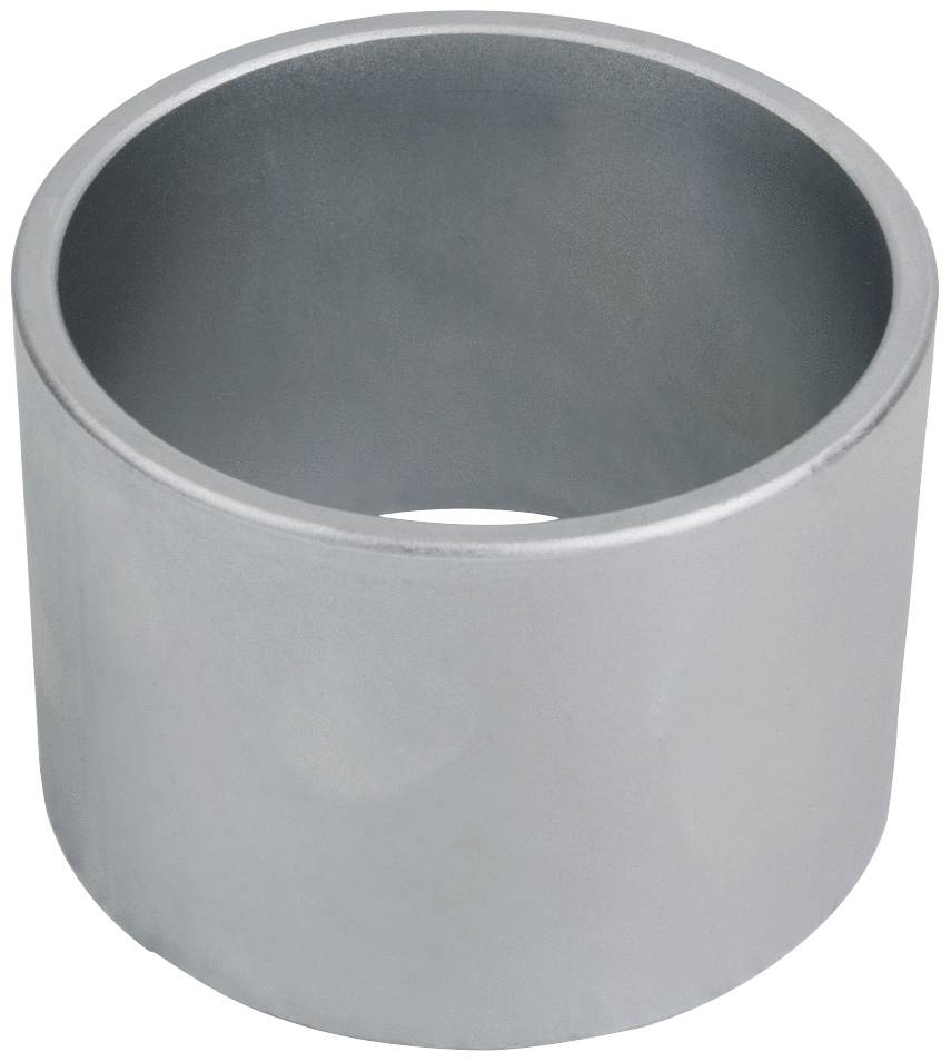 A cylindrical metal piece with a smooth surface and hollow interior. It is grey and looks like a small sleeve or bush.