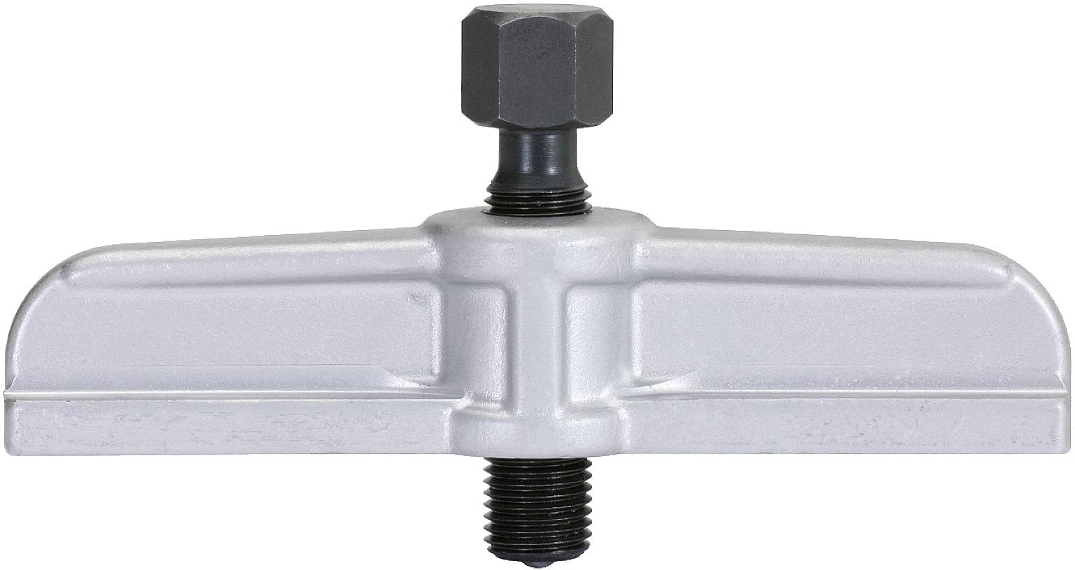 Metal tool with a T-shaped head and black screw attachment on top. Likely used as a clamping or fixing tool.