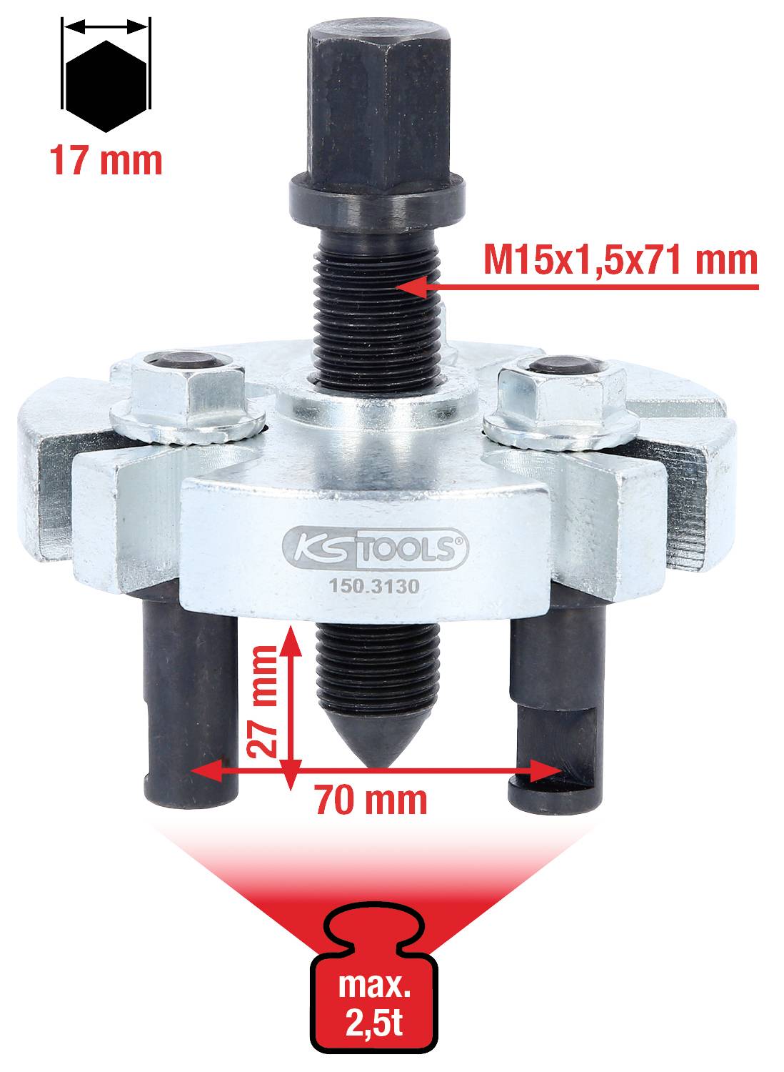 Three-armed puller for bearings up to max. 2.5 tonnes. Dimensions: M15x1.5x71 mm, 17 mm hexagon, 27 mm arm mounting, 70 mm width.