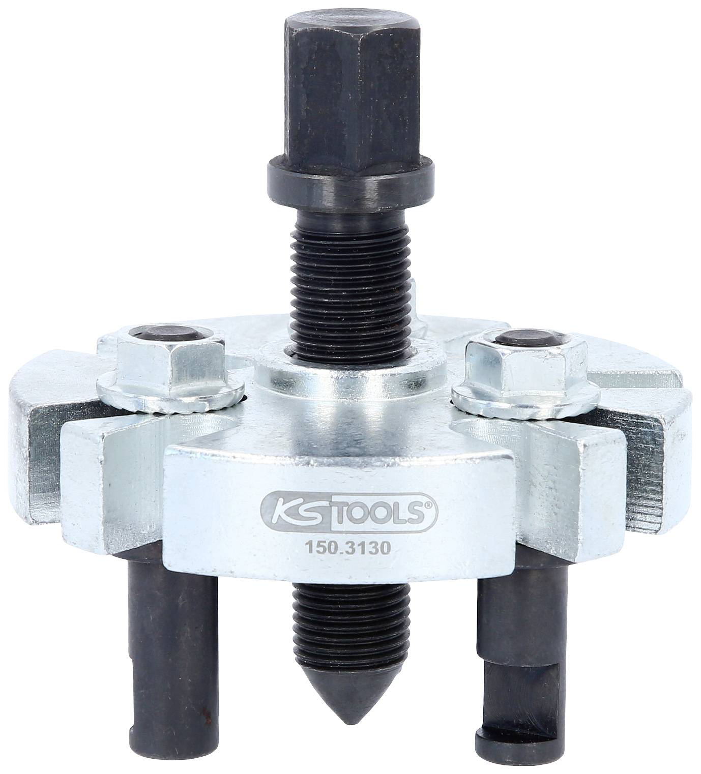 Two-hole puller with central threaded spindle, four mounting points. Tool by KS Tools, model number 150.3130, for mechanical applications.