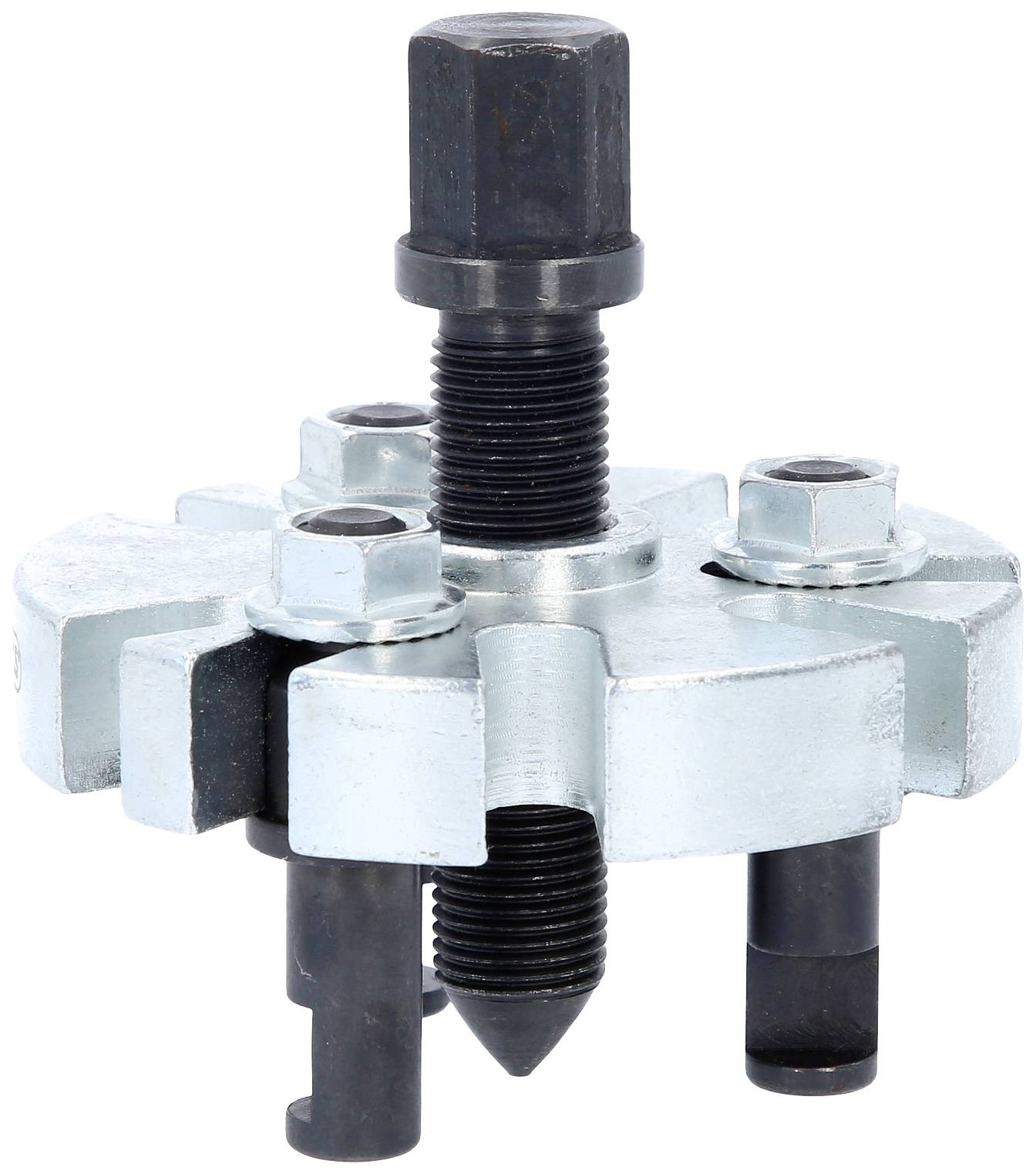 A three-jaw puller with a screw mechanism, used for removing bearings or gears from shafts.