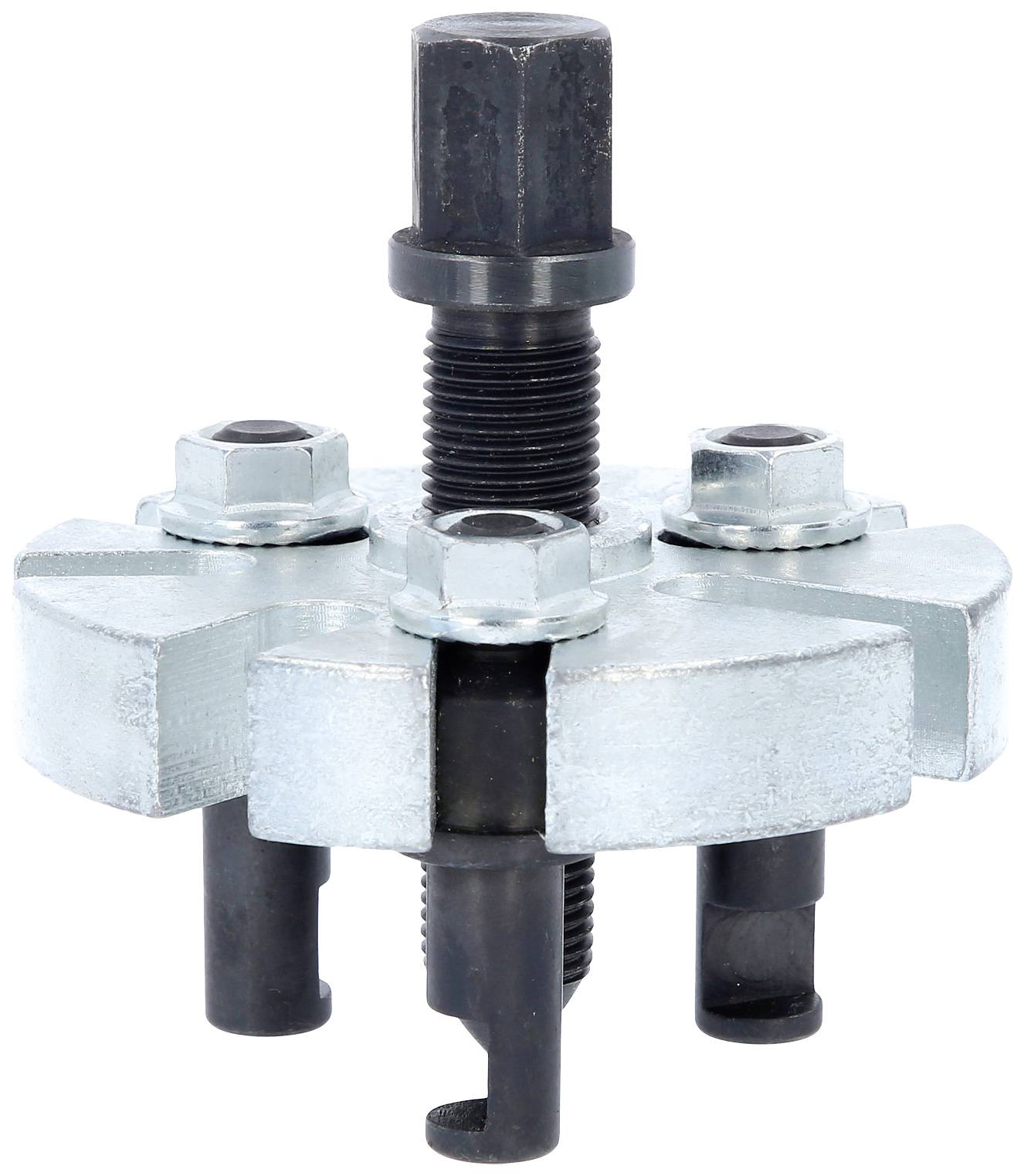 A silver three-arm puller with a central screw, used for removing gears or bearings from shafts.