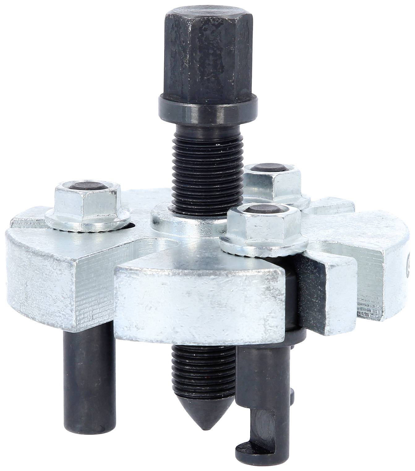 A metallic tool with a solid black insert, three adjustable arms, nuts, and screws for mechanical gripping and releasing.