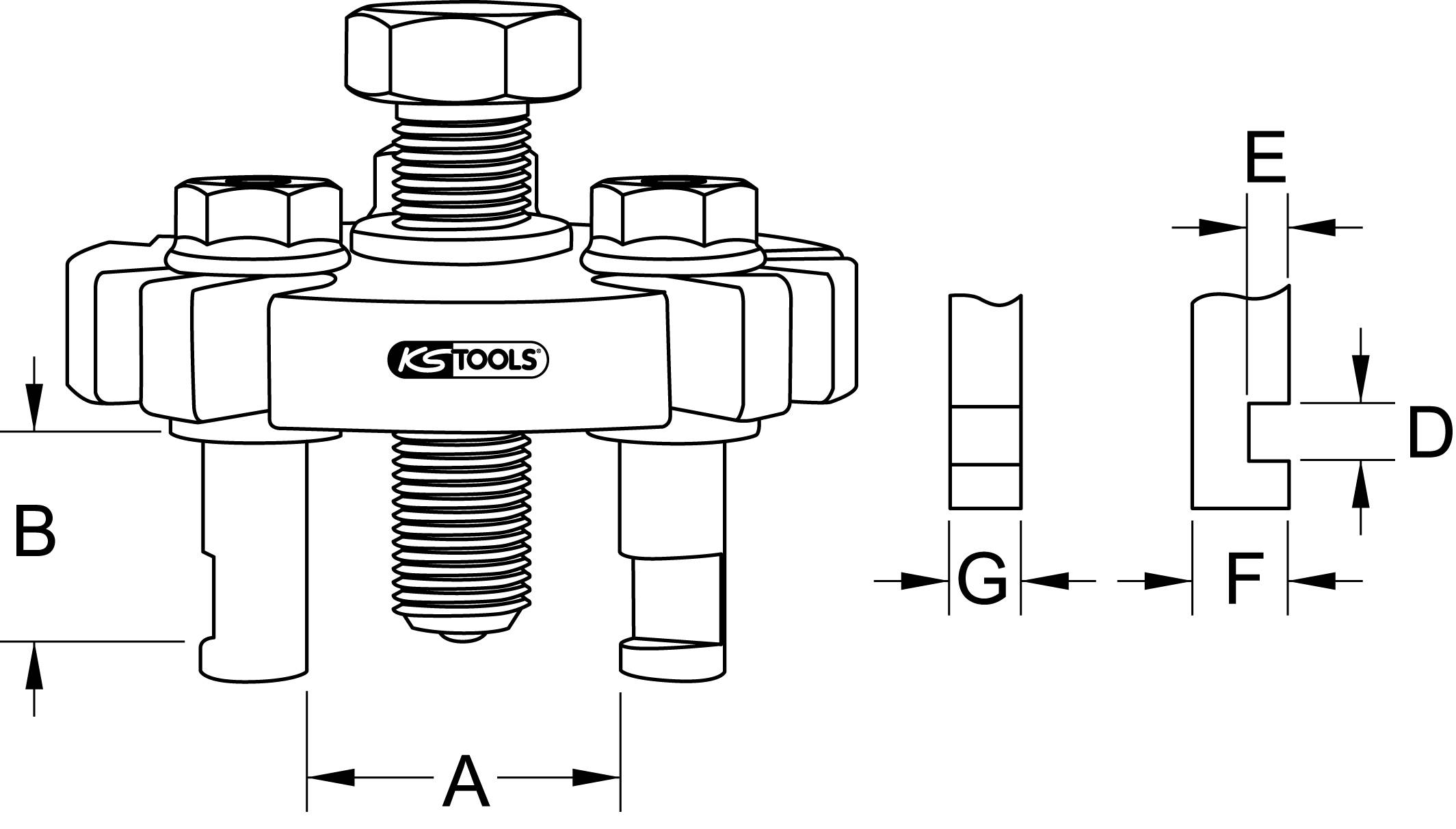 'Three-armed puller with a central screw, illustrated with various dimensions for A, B, D, E, F and G in technical drawings.'