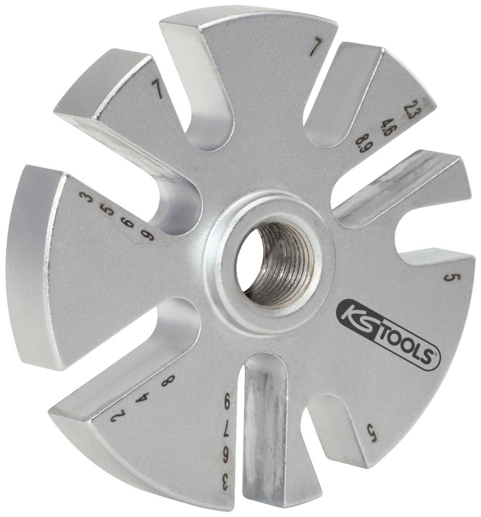 Silver measuring gauge with multiple calibrated blades for checking thread diameters, brand logo of KS Tools.