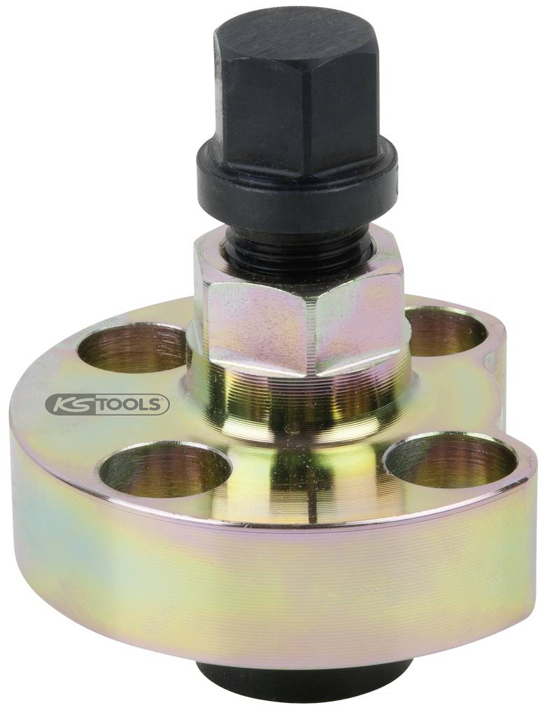 A specially shaped metal tool with three holes and a black rotating head, marked with 'KS TOOLS', used for car repairs.