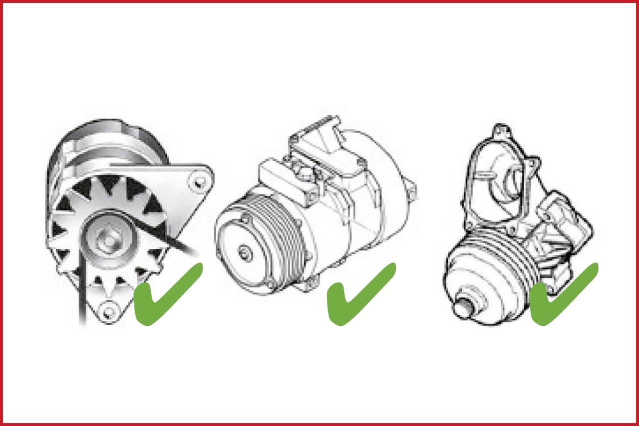 Three technical drawings of automotive parts, each with a green tick underneath.