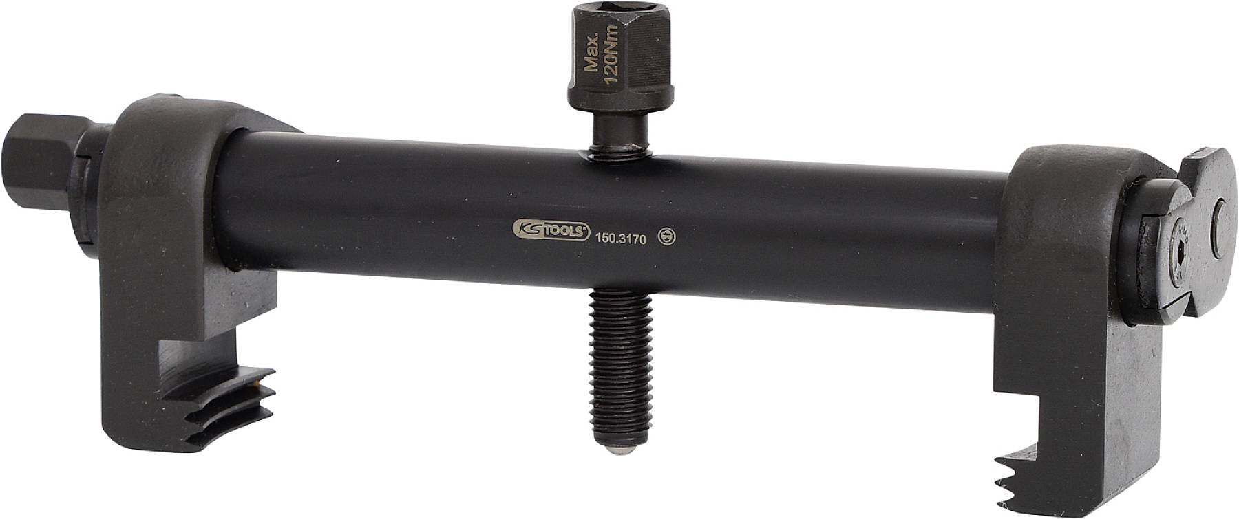 Black-painted tool for removing and installing track rod end, with central screw and clamps at both ends.