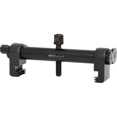 Black-painted tool for removing and installing track rod end, with central screw and clamps at both ends.
