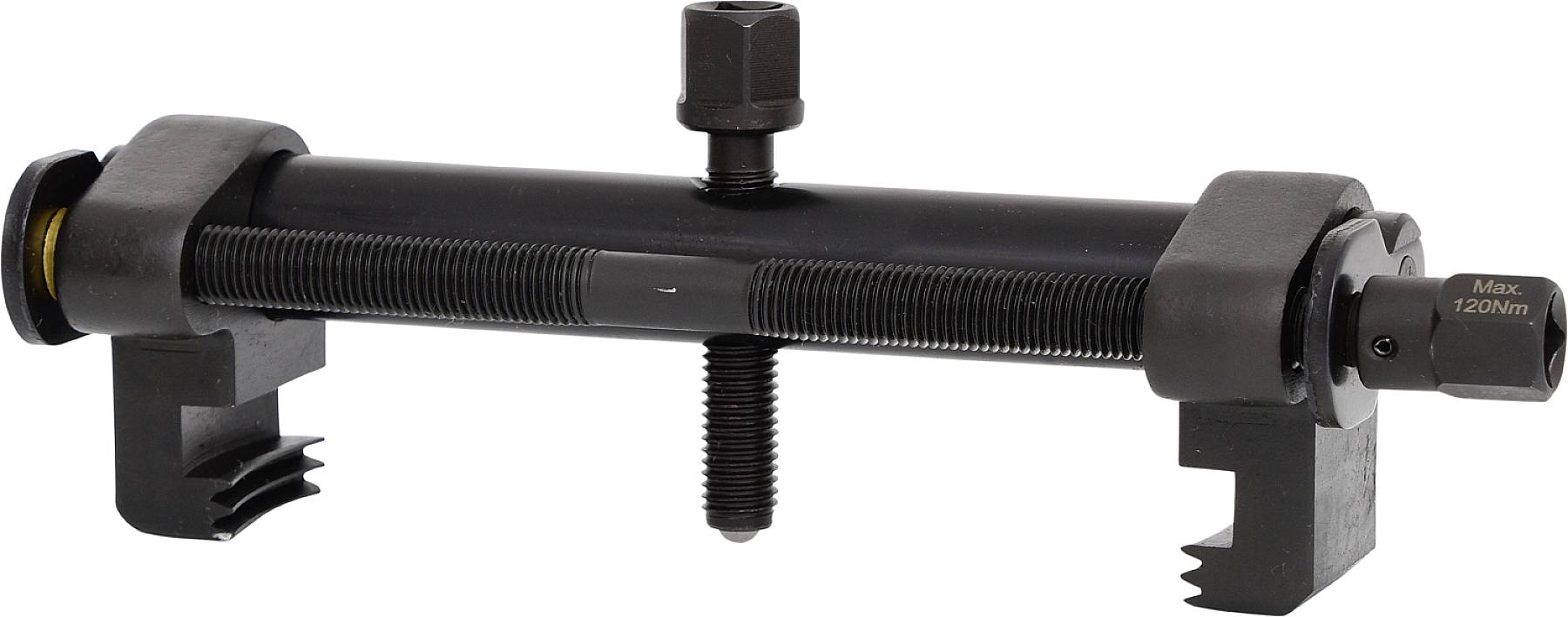 A black mechanical tool with two clamps at its ends and a central screw for stabilisation or mounting.