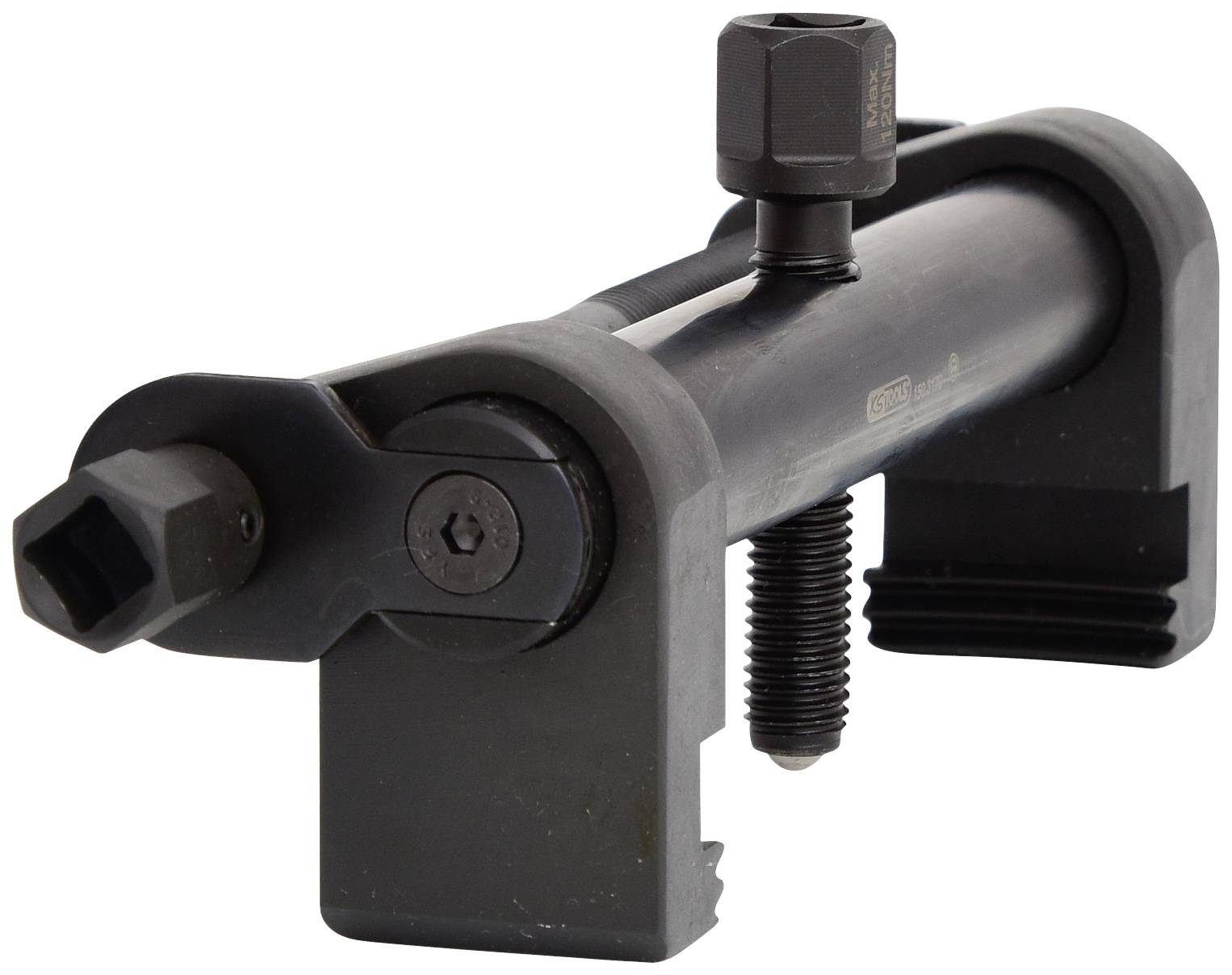 A black metal tool with two screws and a lever arm, used for removing fastenings or bolts.