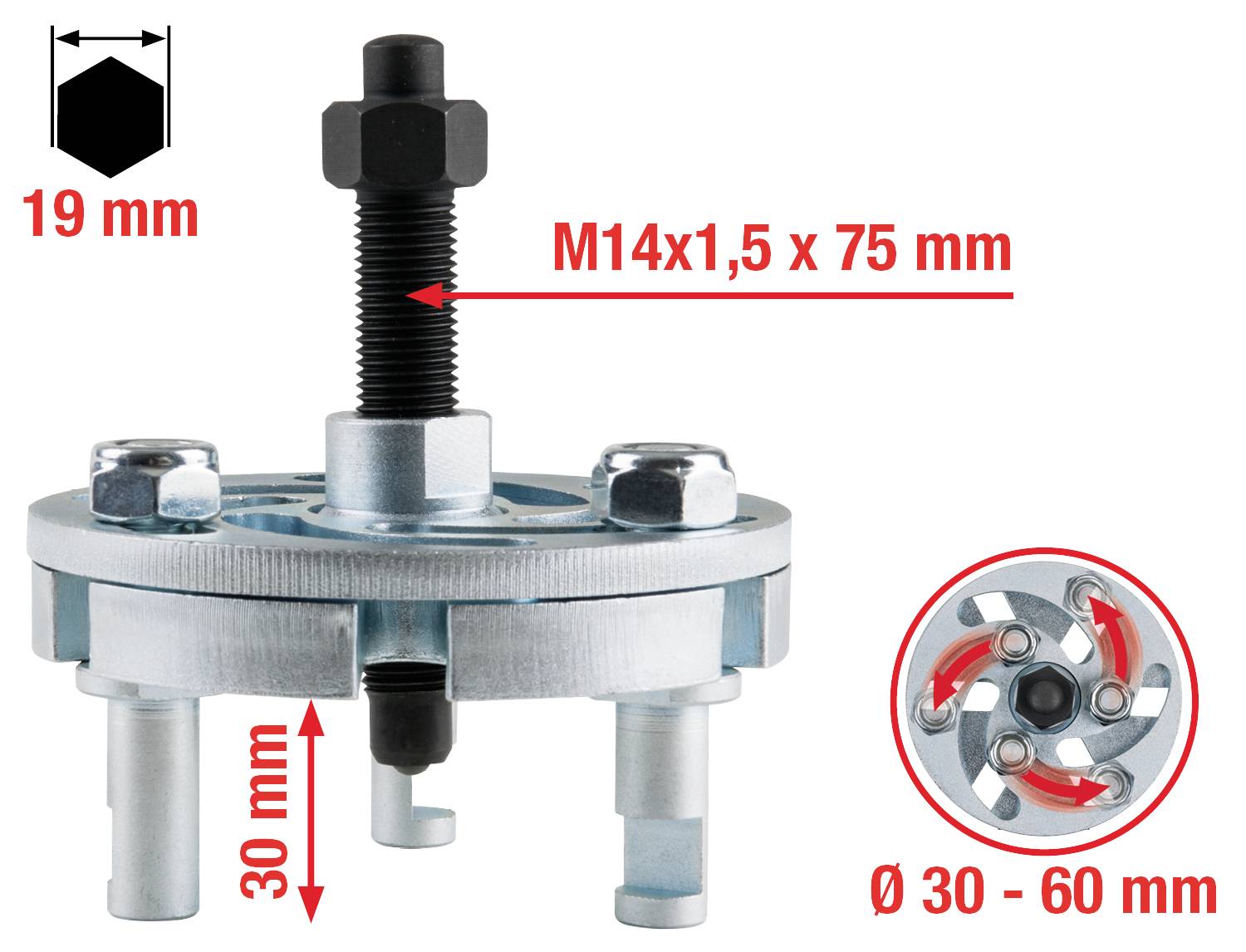 'Brake Caliper Piston Reset Tool' with an M14x1.5 x 75 mm screw and adjustment range Ø 30-60 mm. Height is 30 mm.