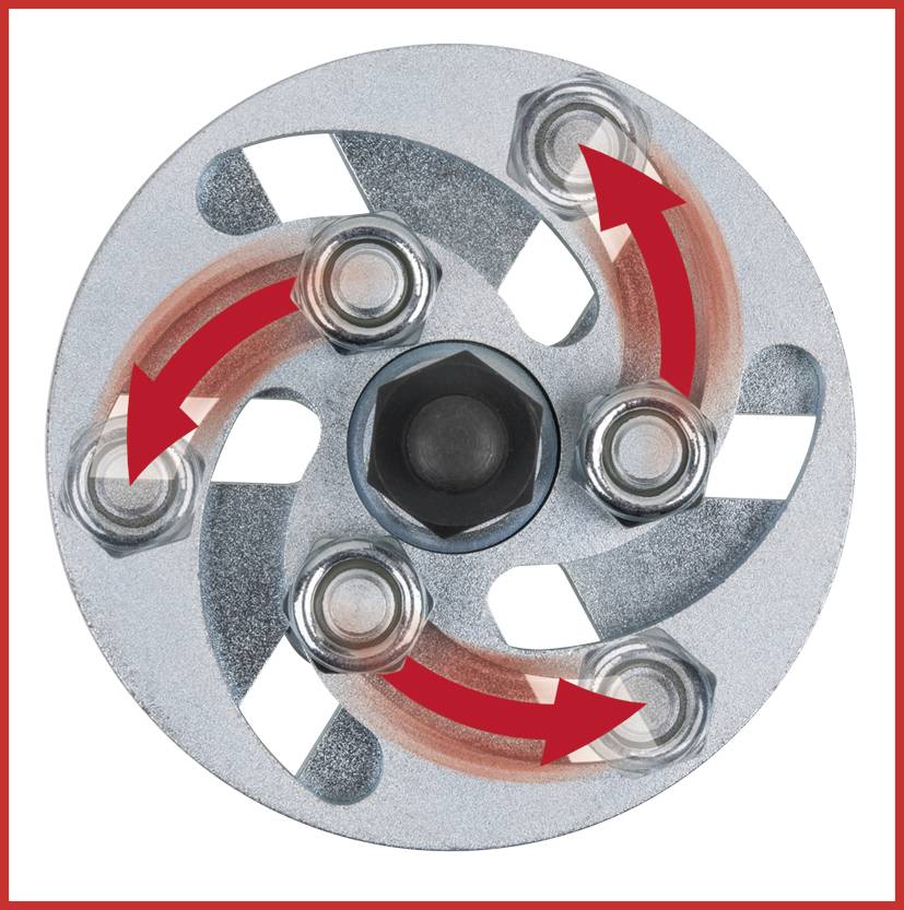 Metal disc with arrows indicating the direction of rotation; illustrates the functional mechanism of a clutch or rotational system.