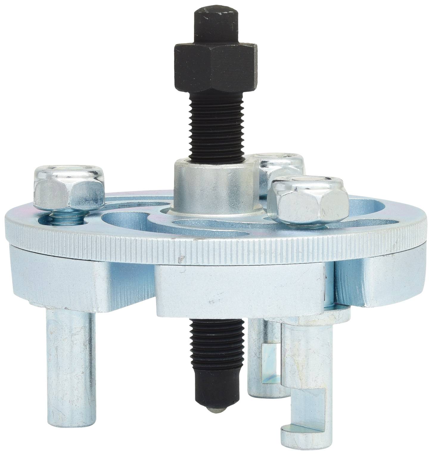 Metal three-legged bearing puller with central screw mechanism, used for removing parts from machinery.