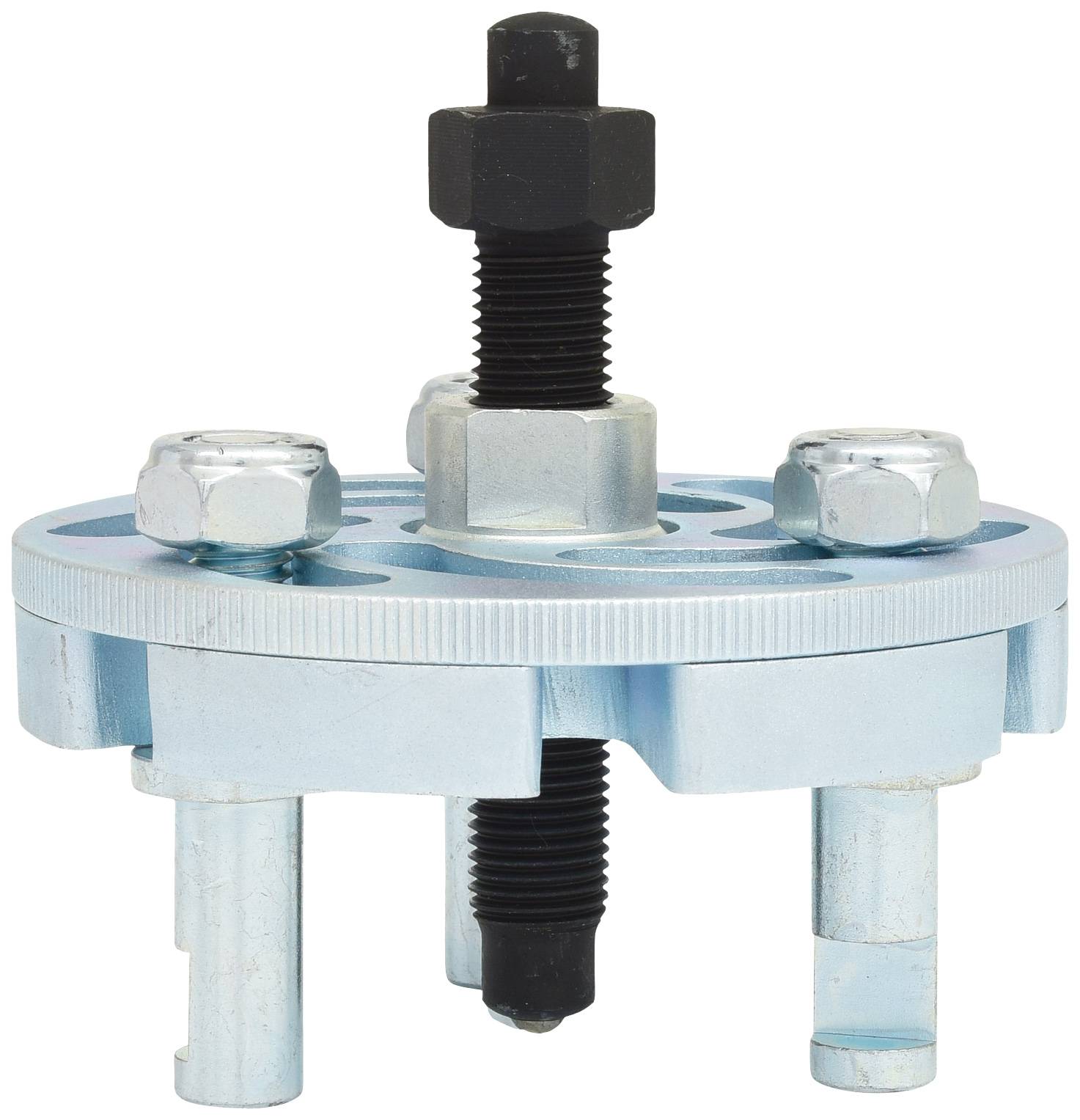 Metal puller with multiple screws and bolts. It is used to remove stuck parts from a shaft.