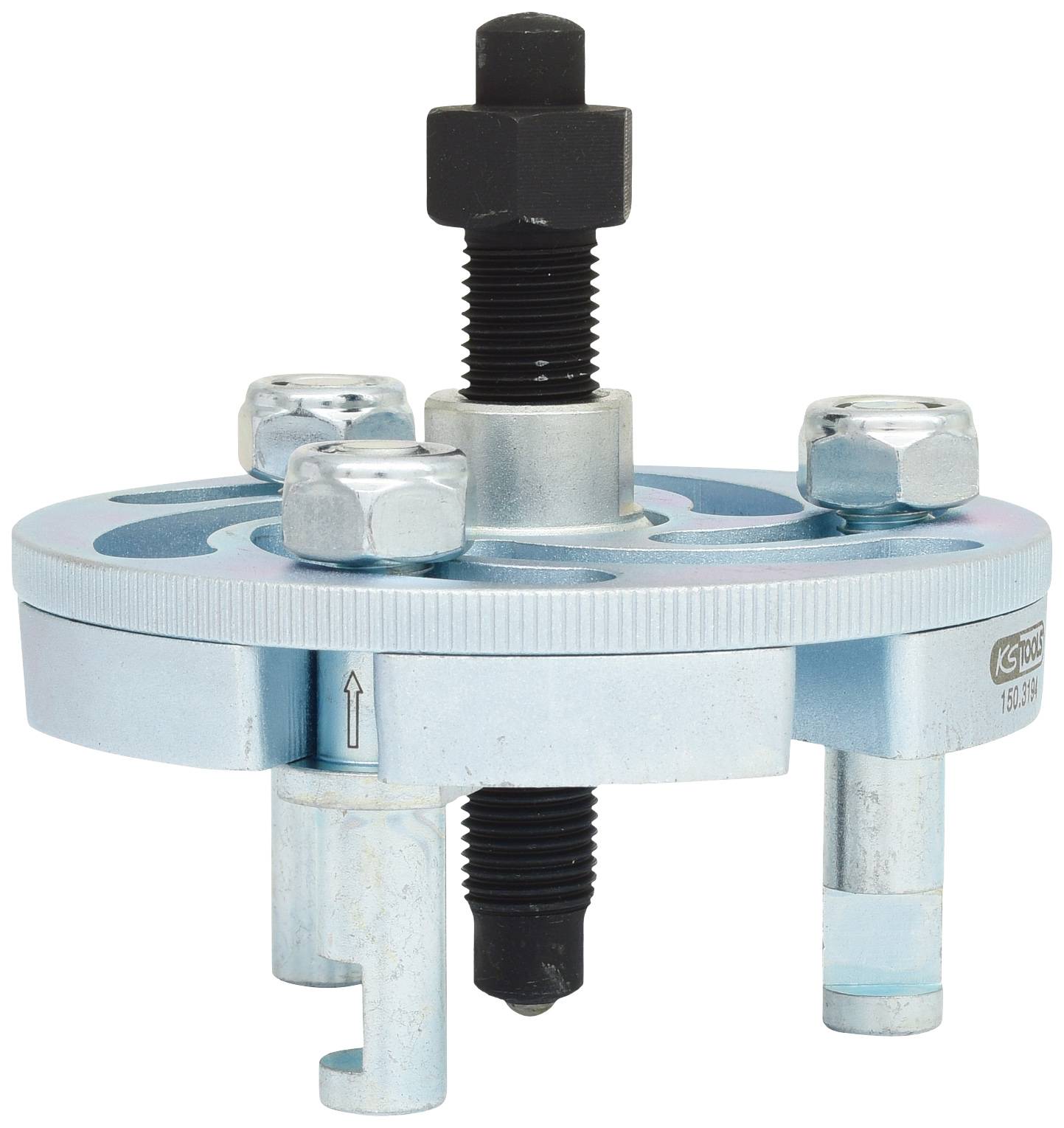 Three-legged puller with central screw for use in mechanical engineering. Silver material with black screw in the centre.