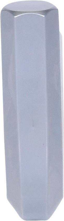 Grey, hexagonal, upright cylindrical block made of metal or plastic, with a matte finish.