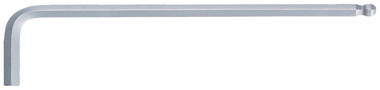 A silver hexagonal Allen key with a ball-ended head, bent at an angle, is shown. It is used for tightening or loosening hex socket screws.