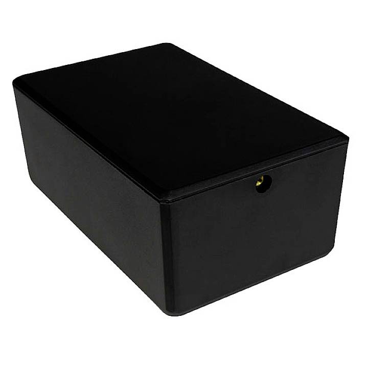 Black rectangular enclosure with rounded corners, possibly for electronic components, on a white background.