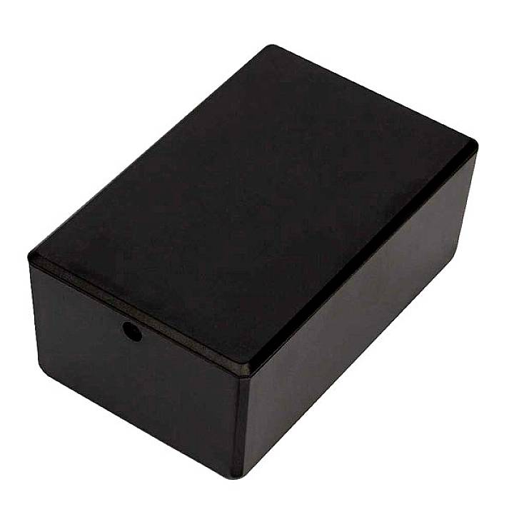 A rectangular, black, smooth plastic enclosure with rounded corners. Suitable for electronic devices or projects.