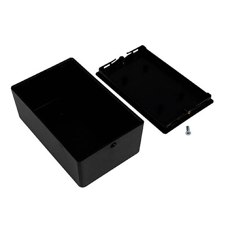 Black plastic housing with a removable lid and screw, shown open. Suitable for electronic projects.