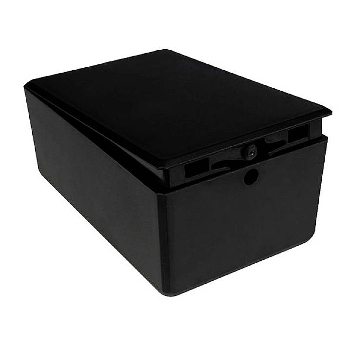 Black plastic box with slightly open lid. Suitable for storage or as an enclosure for electronic devices.
