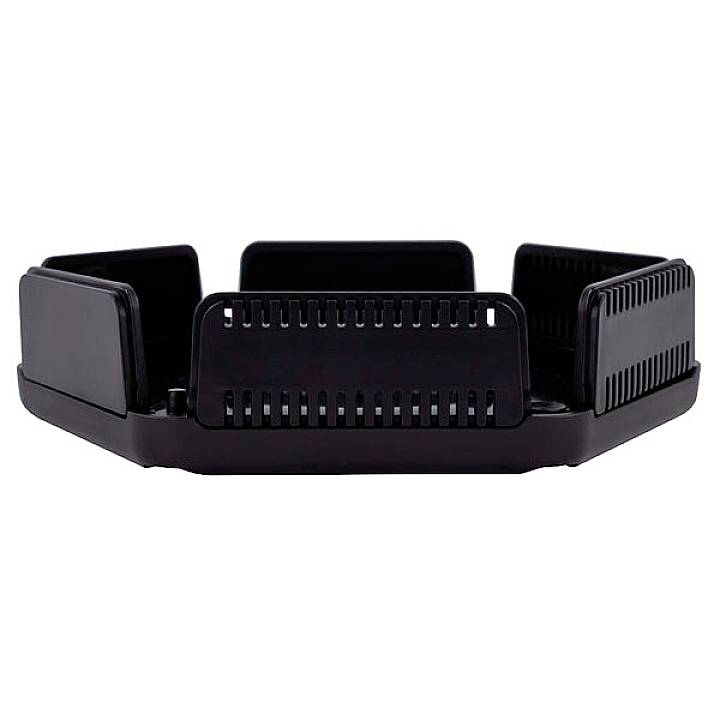 A black, octagonal spice rack, suitable for storing spices in the kitchen, with multiple compartments for organisation.