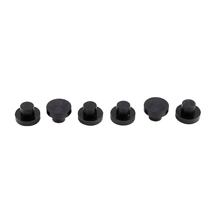 Six black rubber stoppers in a row on a white background. Different sizes, increasing from left to right.