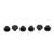 Six black rubber stoppers in a row on a white background. Different sizes, increasing from left to right.