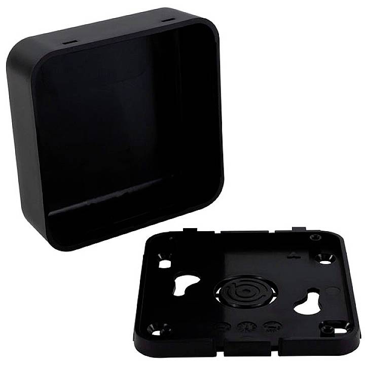 A rectangular black plastic enclosure with a removable lid, designed for wall-mounting electronic devices.