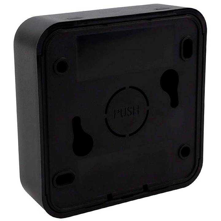 Black square plastic wall mount with recesses and the word 'PUSH' printed in the centre; suitable for device or frame mounting.