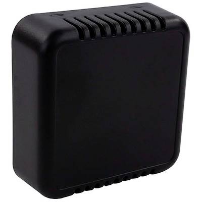 A black, square device with ventilation slots on the top. Possible use: sensor or electrical component.