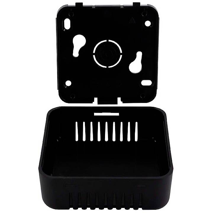 A black plastic casing is open, revealing its interior. It has ventilation slots and mounting options on the back panel.