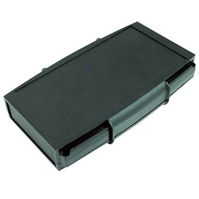 Black rectangular plastic storage box with handle; used for storing or transporting small items.