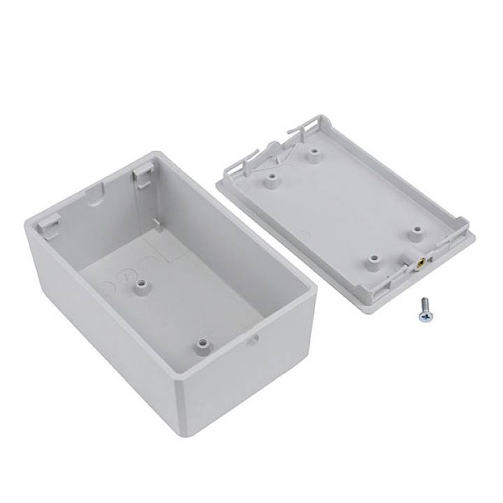 Rectangular grey plastic enclosure with a removable lid and screws. Suitable for housing electronic components.