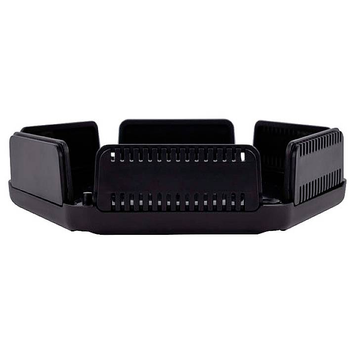 A black air fryer insert with divided compartments for separating food during cooking.