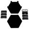 A set of six black plastic coasters in various shapes, symmetrically arranged on a white background.