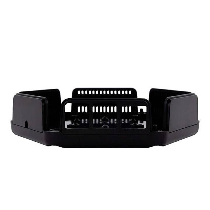 A black, hexagonal plastic holder with raised side sections. Suitable for storing or organising small items.